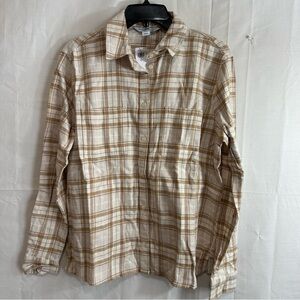 Old Navy Women’s Tan Cream Plaid Flannel Boyfriend Button-Down Shirt Small Tall